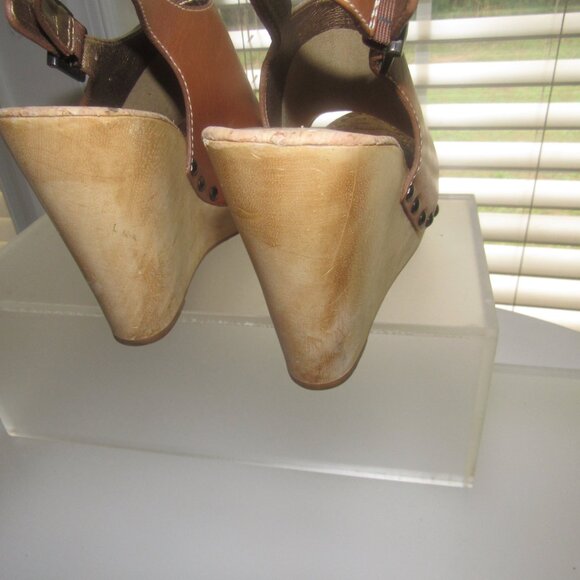 SAM EDELMAN Camilla Brown Leather Wood Wedge Sandals Shoes Size 9.5M - Picture 4 of 6